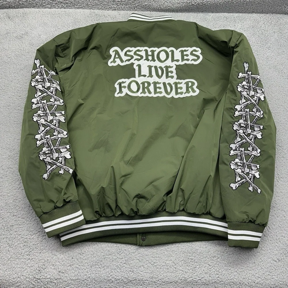 A**holes‎ Live Forever Mens XL Green Varsity Polyester Bomber Jacket Puffer Coat - Picture 2 of 10